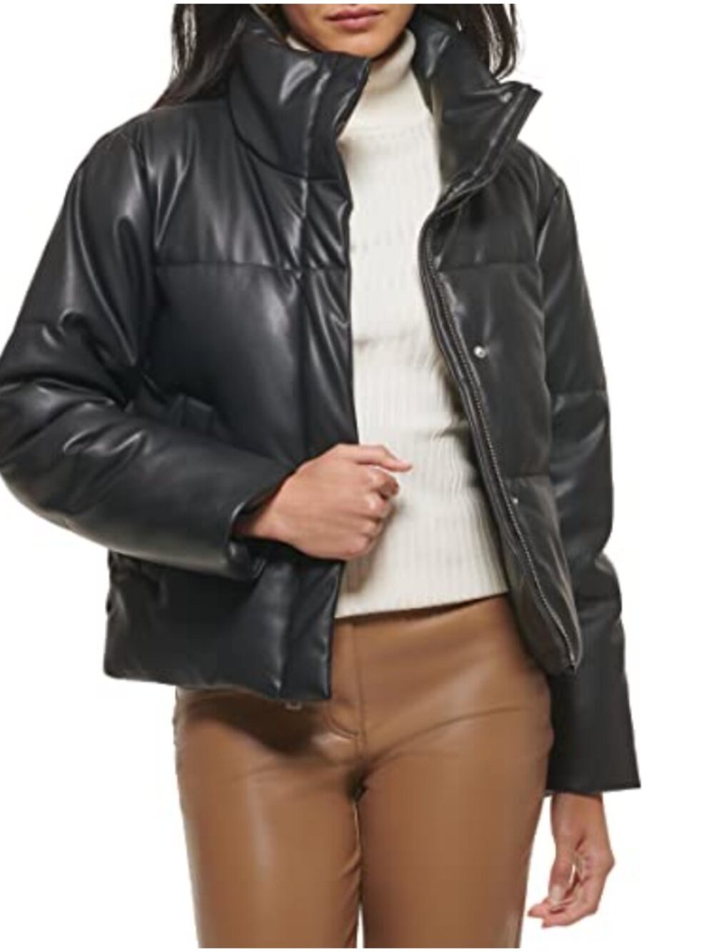 Vegan Leather Quilted Shorty Puffer Jacket Water-Resistant Cropped